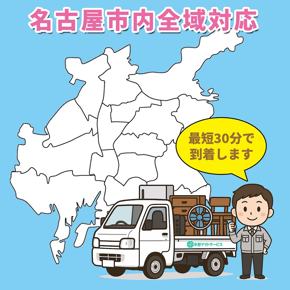 背景には、名古屋市全域の地図。軽トラックに不用品回収した電化製品や家具が積んである。中部ヤマトサービススタッフがガッツポーズしている